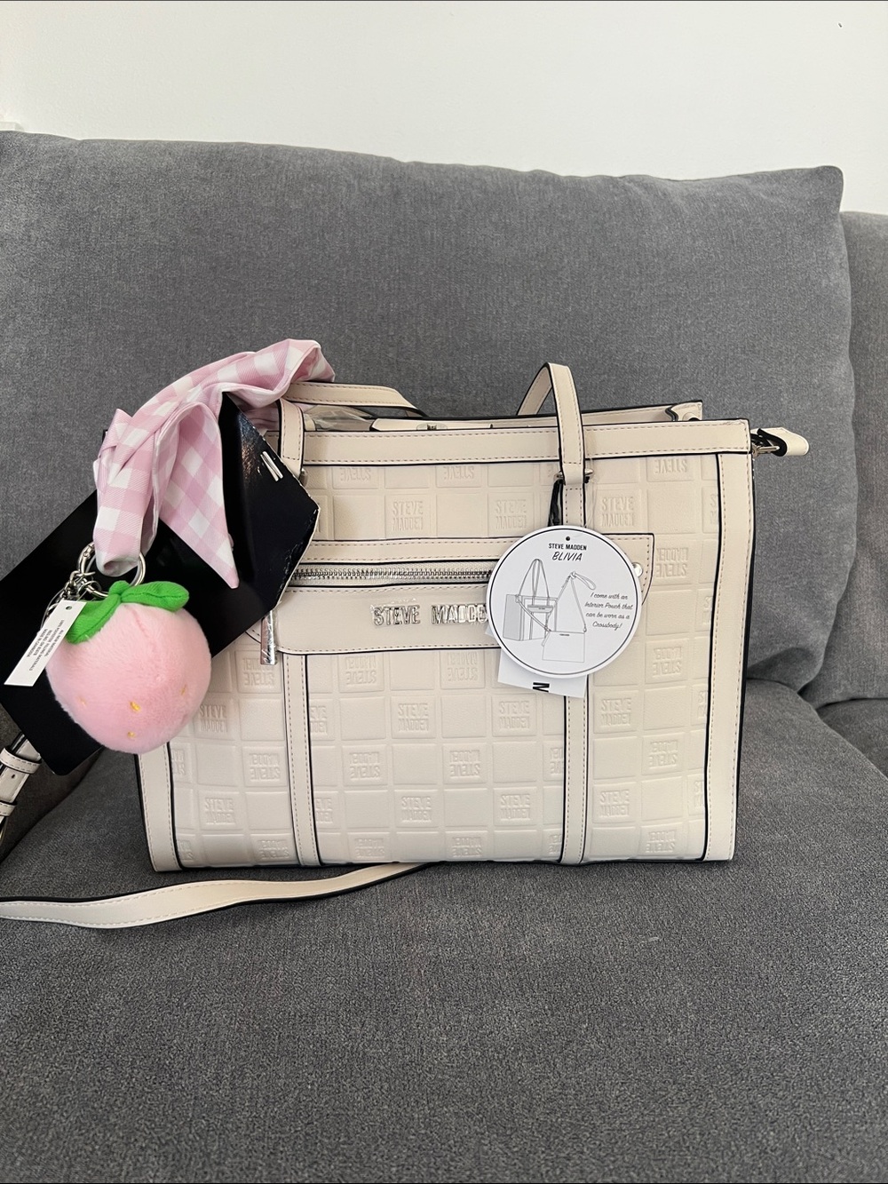 Steve Madden Cream Embossed Tote with Pink Charm